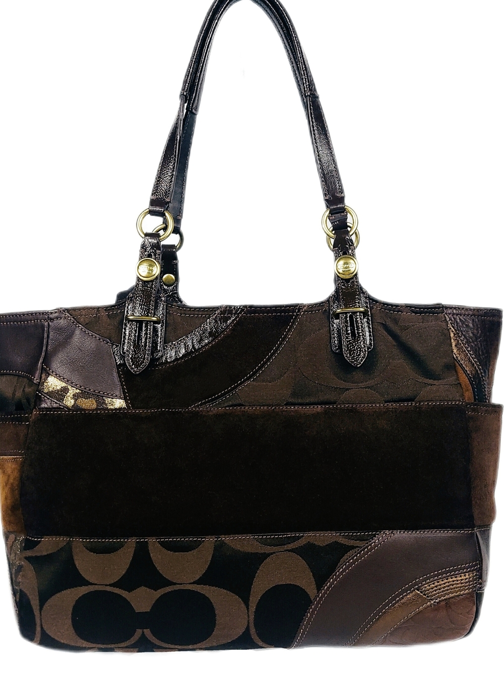 COACH 2 Pc SET/Leather&Canvas Patchwork Tote and Wallet in Shades of Brown - Picture 3 of 7